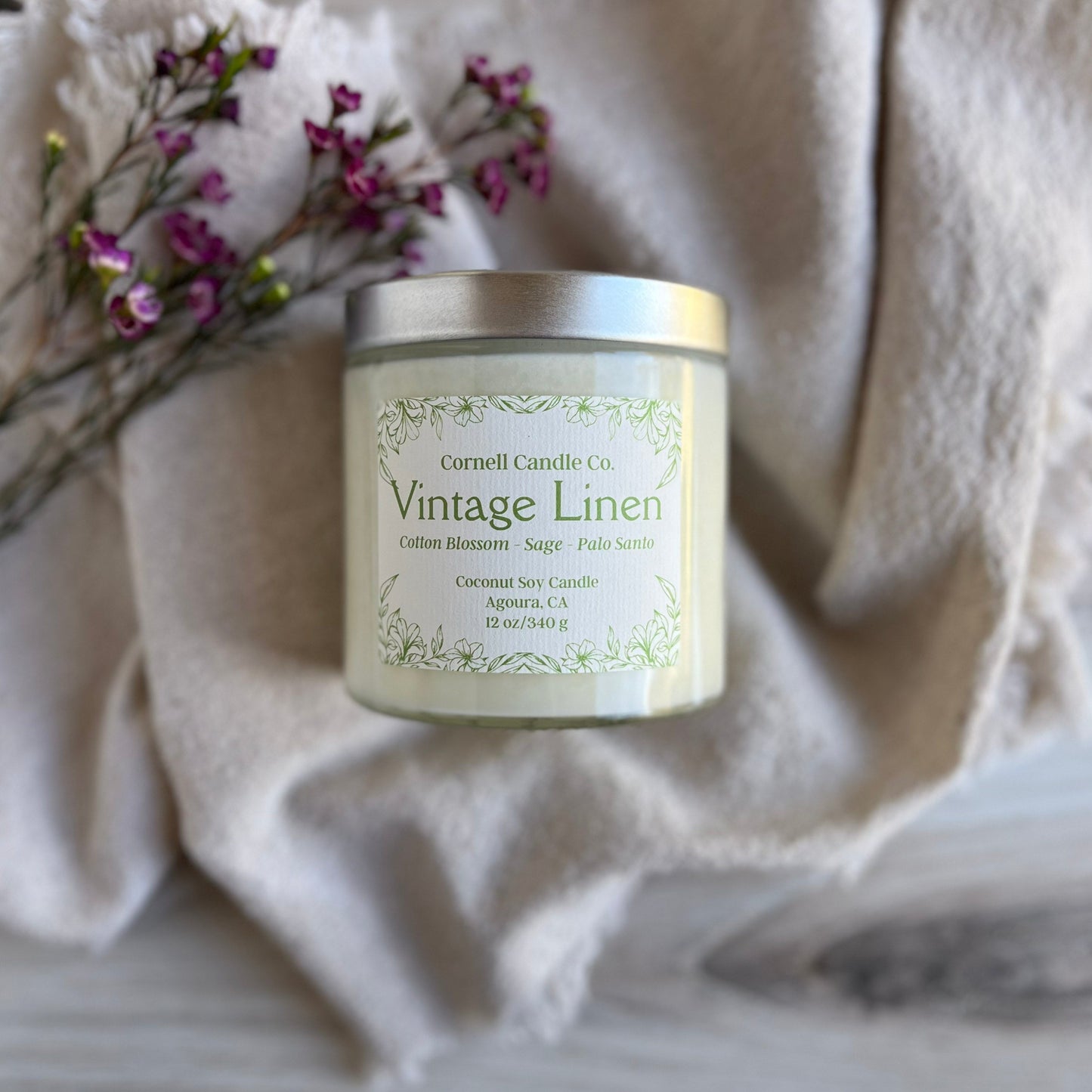 Vintage Linen Candle - cotton, lavender, sage scent
